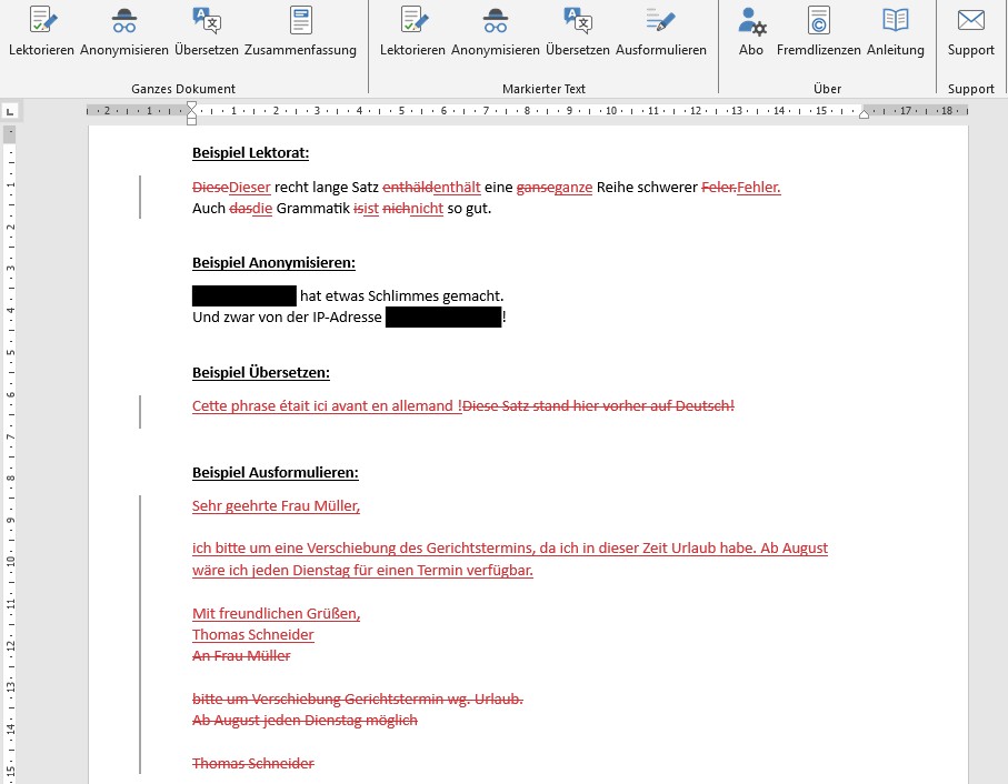 KI-Assistent Lektorat für Microsoft Word: Beispiel für Korrekturen als nachverfolgte Änderungen in Microsoft Word